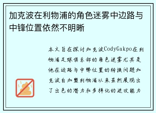 加克波在利物浦的角色迷雾中边路与中锋位置依然不明晰